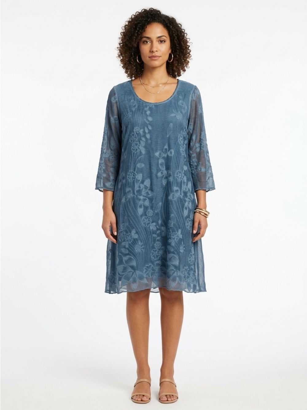 Soft Surroundings Midi Dress Floral Burnout Silk Dusty Blue L